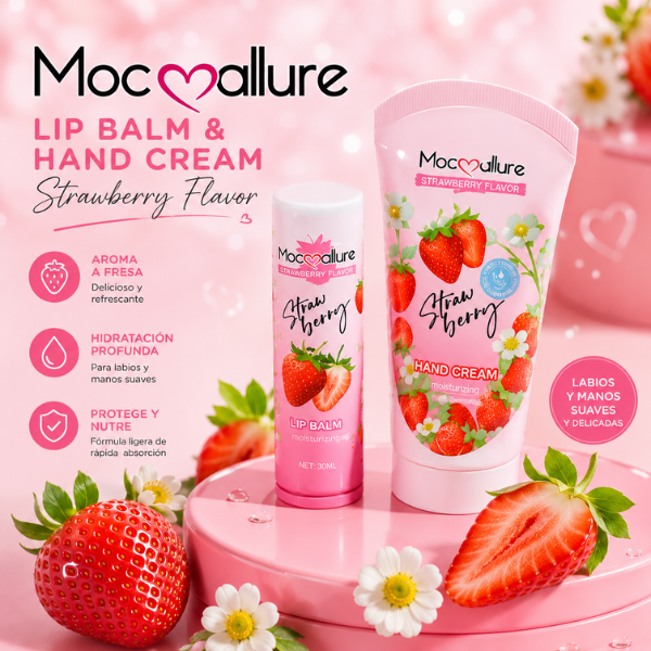 Set Dúo Mocoallure: Bálsamo Labial y Crema de Manos Fresa | Brillo e Hidratación