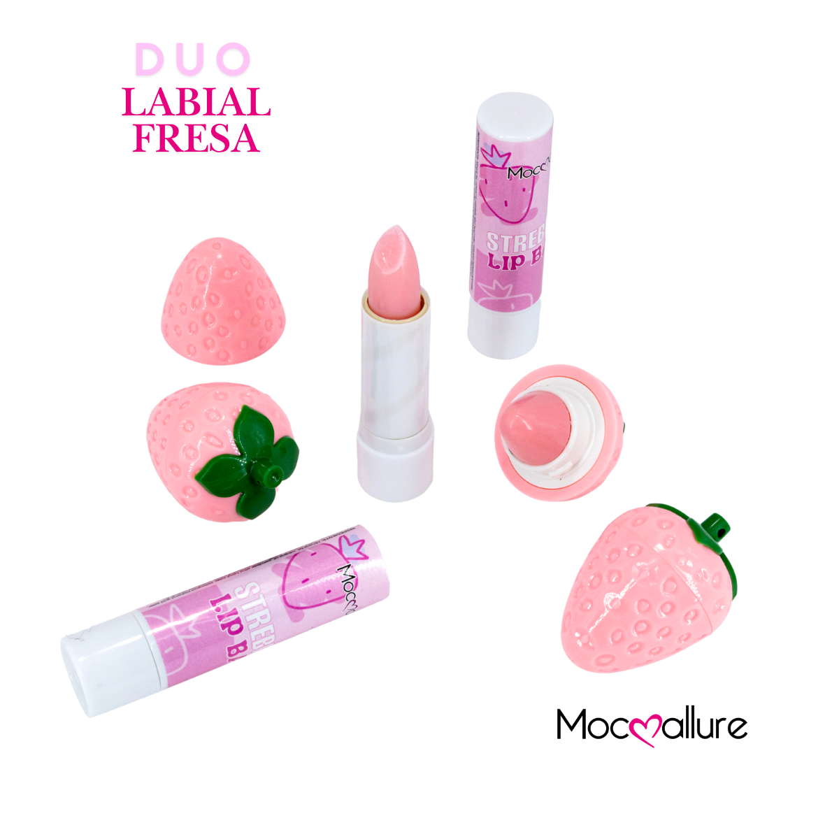 Mocoallure Labial y balsamo en forma de Fresa Dúo Pink - 2 en 1 Labial y Gloss Hidratante Tono Rosa Romántico con Aroma a Fresa