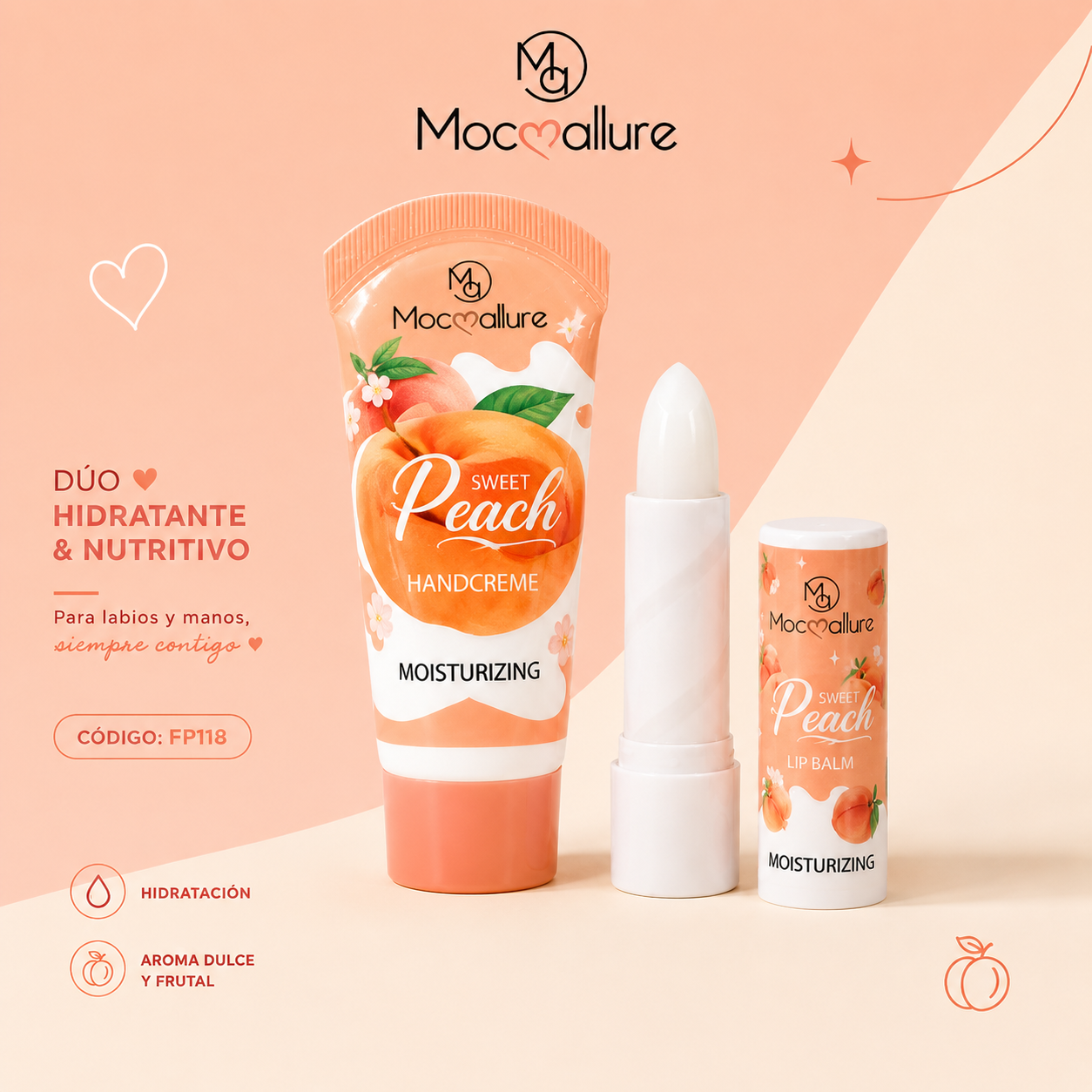 Set Dúo Mocoallure: Bálsamo Labial y Crema de Manos Durazno | Suavidad Total