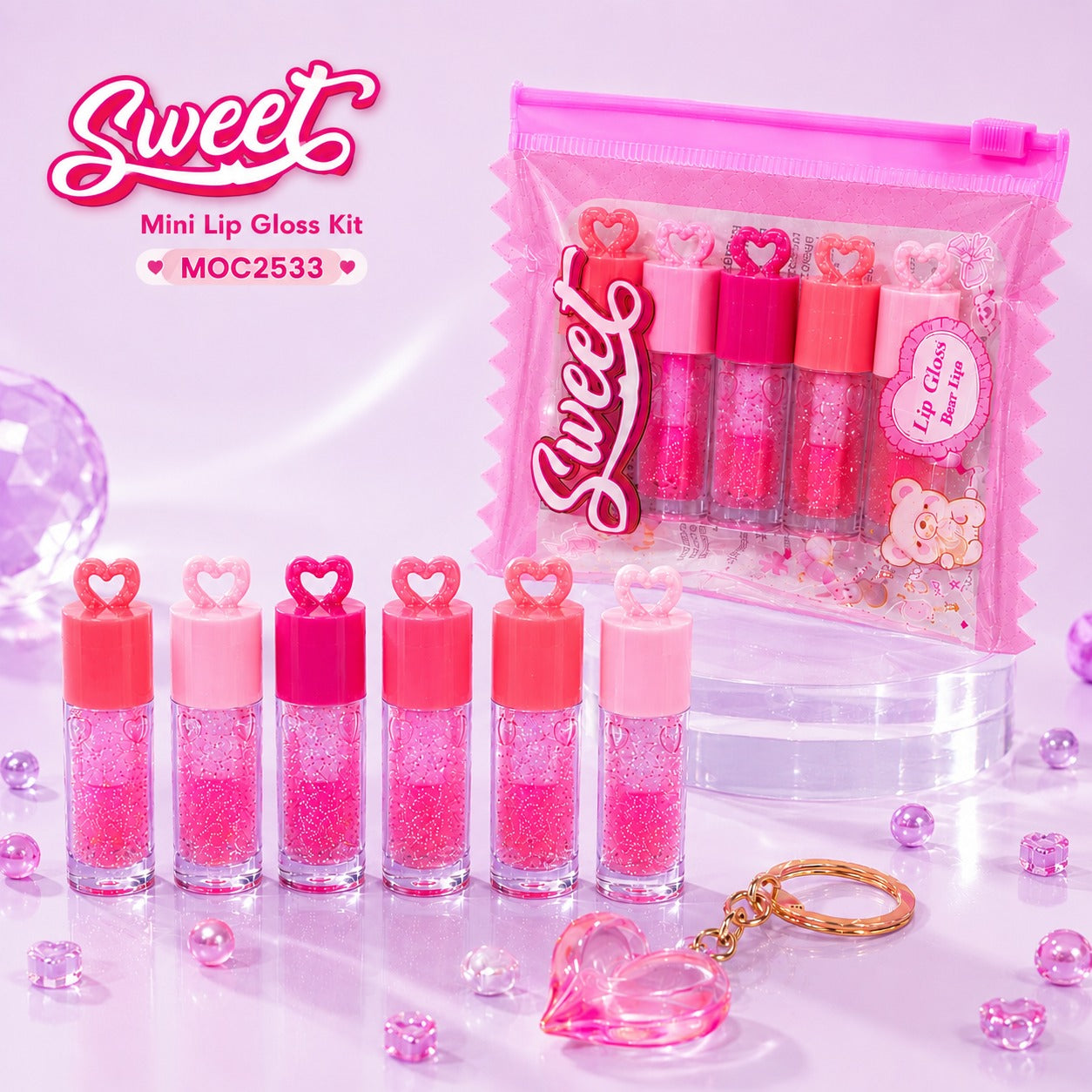 Sweet Mini Lip Gloss Kit Mocallure - Set de 5 Brillos Labiales en Bolsita con Llavero de Corazón Cristalino