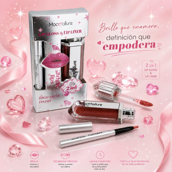 Kit de Labios Mocoallure 2 en 1  Lip Gloss & Delineador Bright Mirror