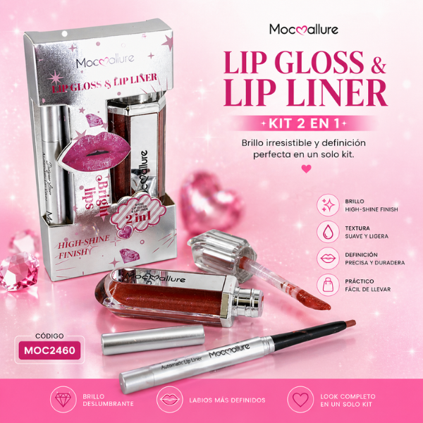 Kit de Labios Mocoallure 2 en 1  Lip Gloss & Delineador Bright Mirror