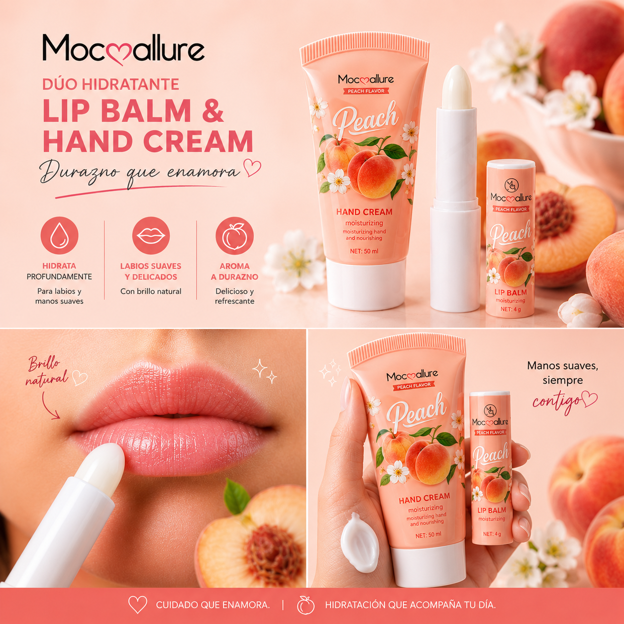 Set Dúo Mocoallure: Bálsamo Labial y Crema de Manos Durazno | Suavidad Total