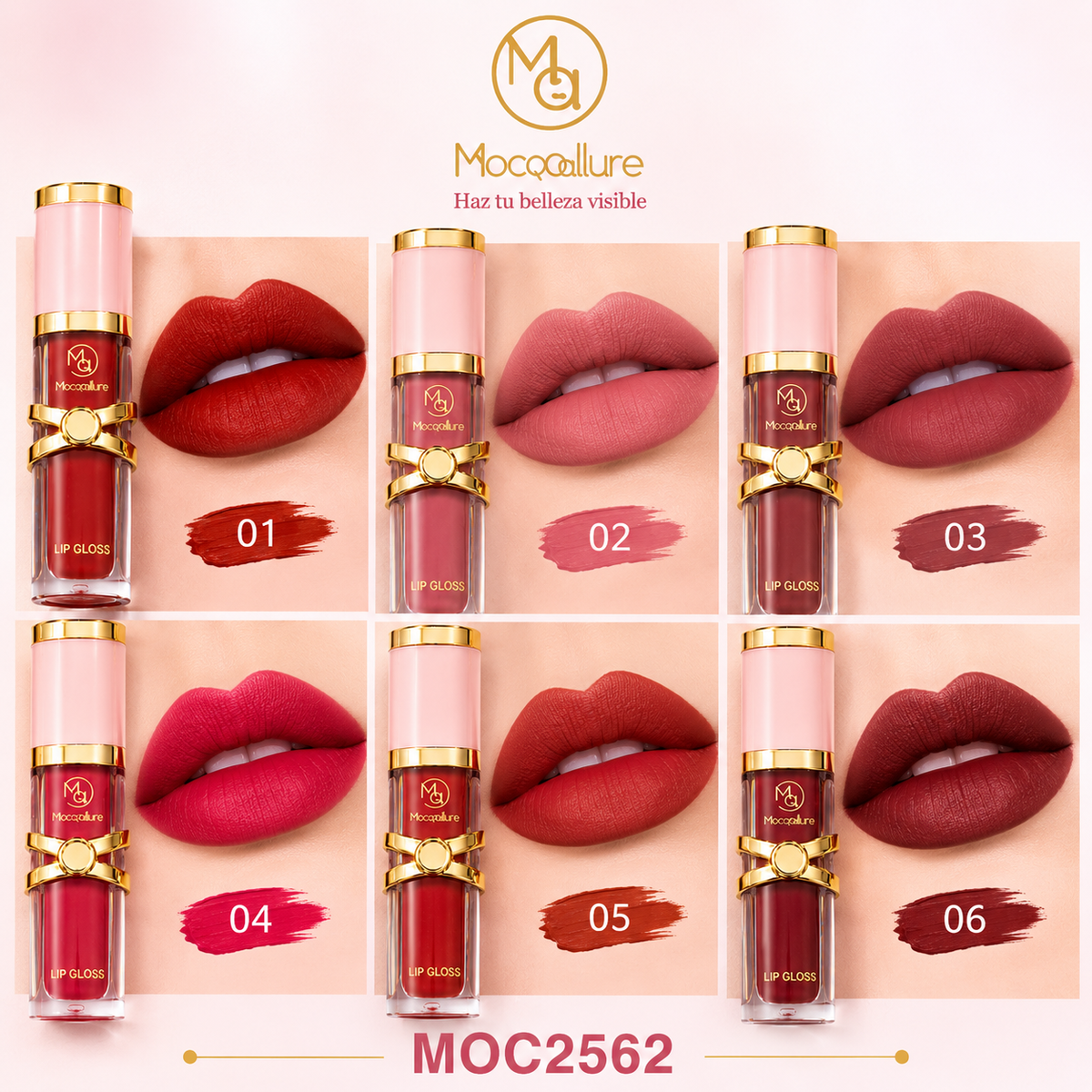MOCOALLURE MOC2562 💄 Lip Gloss Mate | Color Intenso y Acabado Suave | 6 Tonos