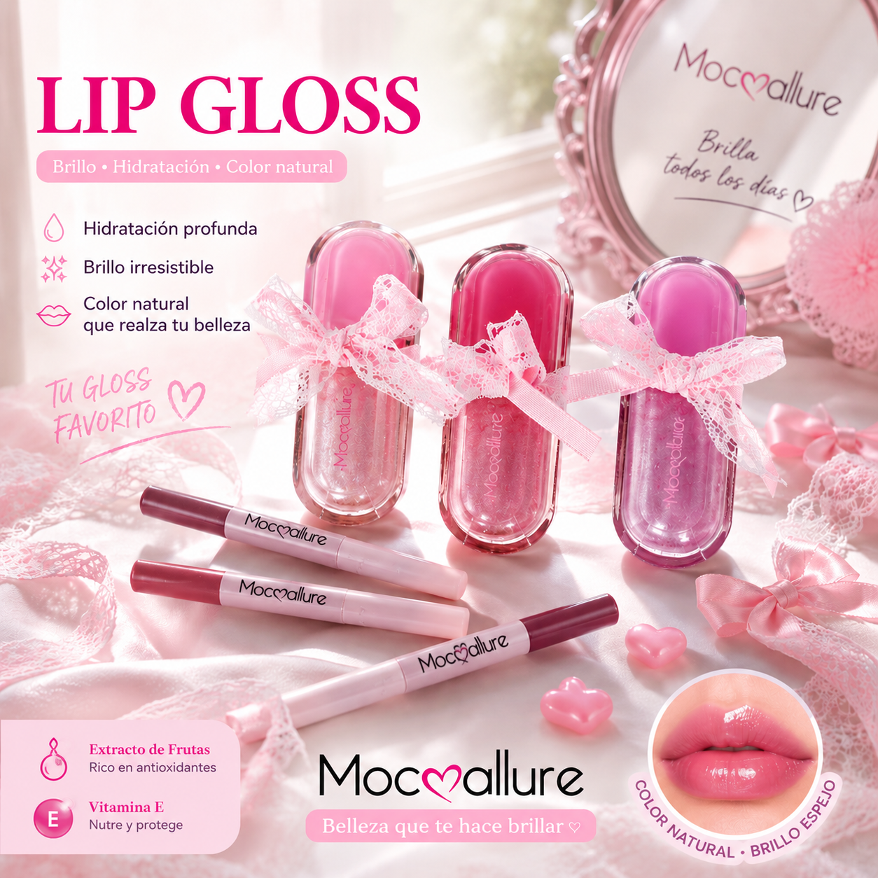 Lip Gloss con delineador Mocoallure en Cápsula Coquette Brillo Intenso