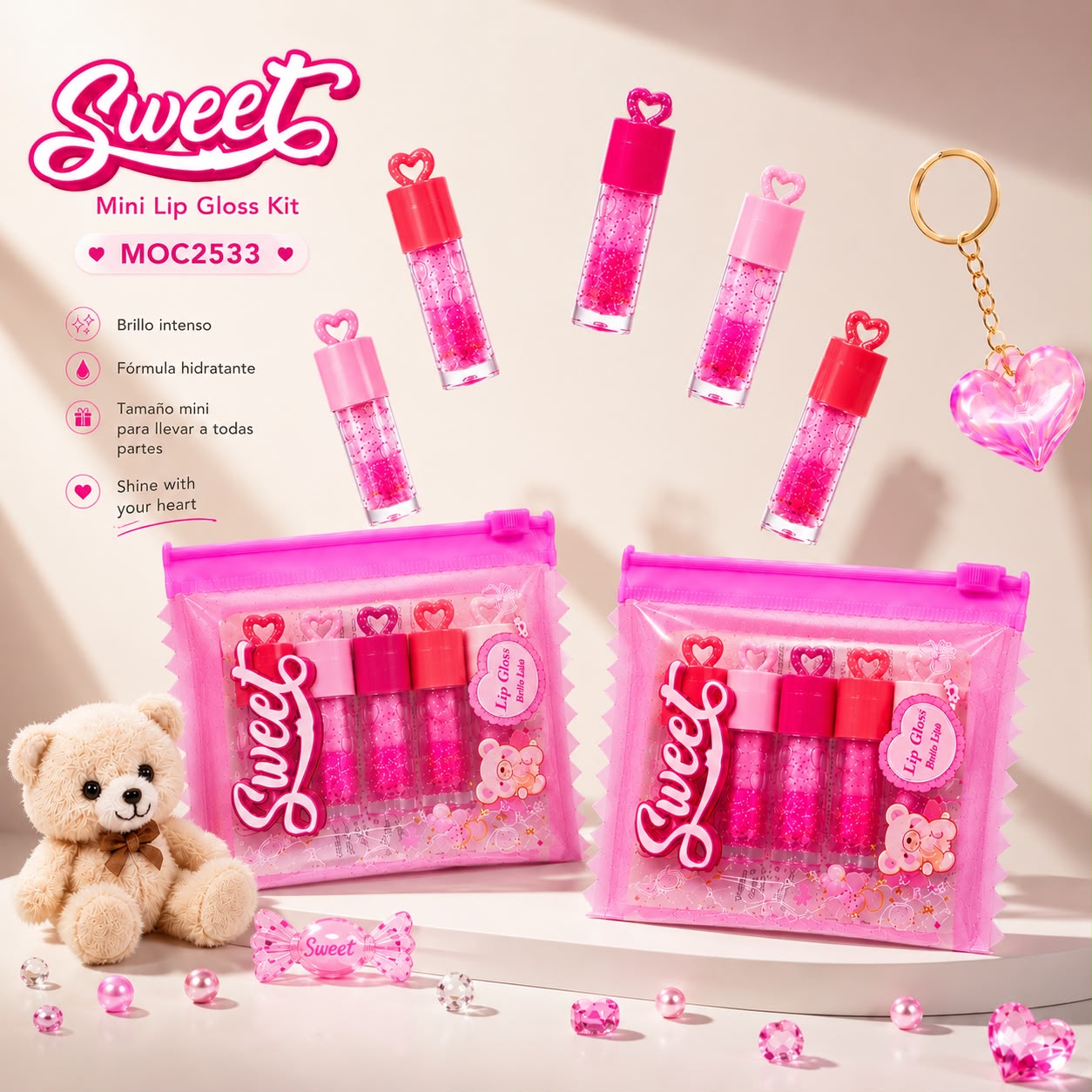 Sweet Mini Lip Gloss Kit Mocallure - Set de 5 Brillos Labiales en Bolsita con Llavero de Corazón Cristalino