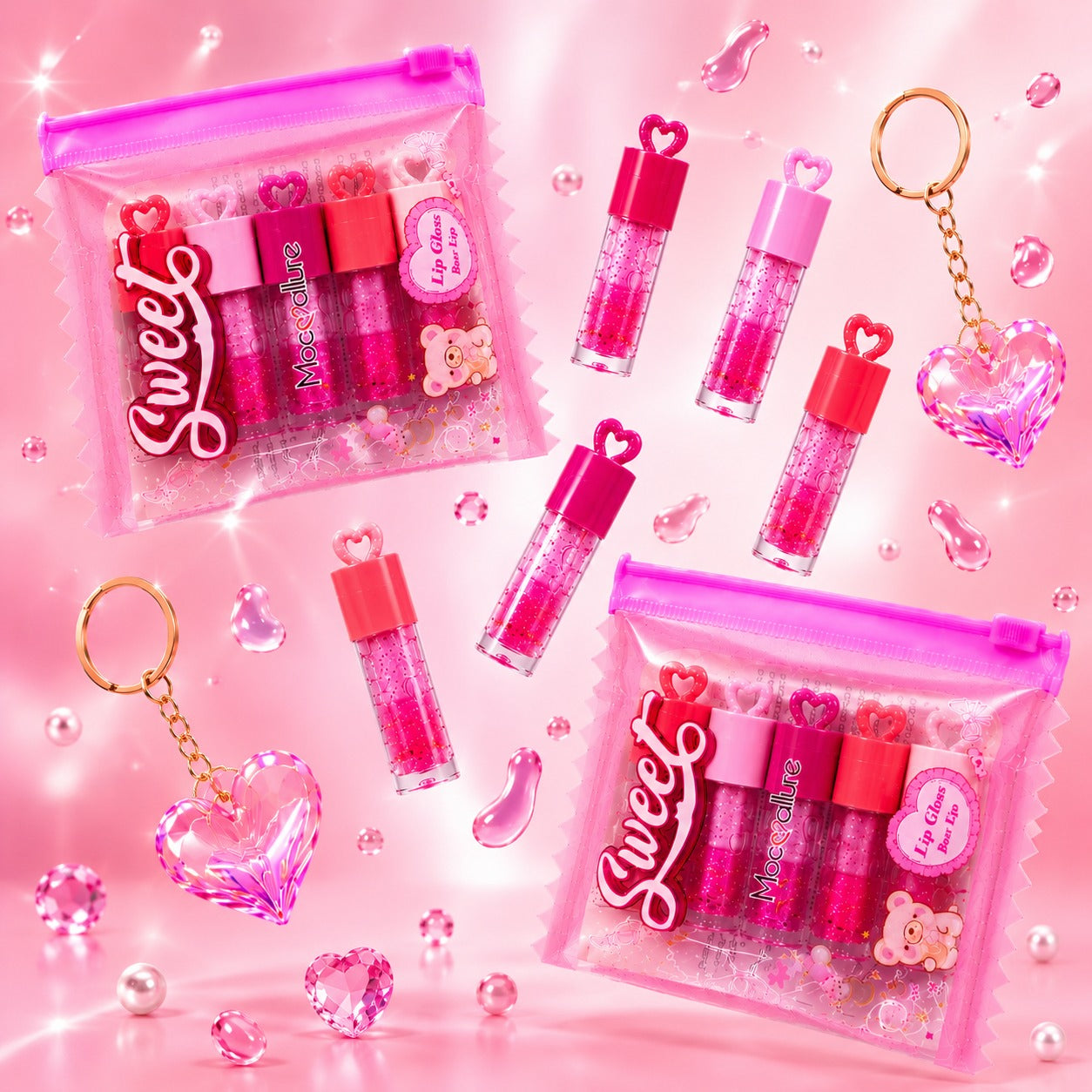 Sweet Mini Lip Gloss Kit Mocallure - Set de 5 Brillos Labiales en Bolsita con Llavero de Corazón Cristalino