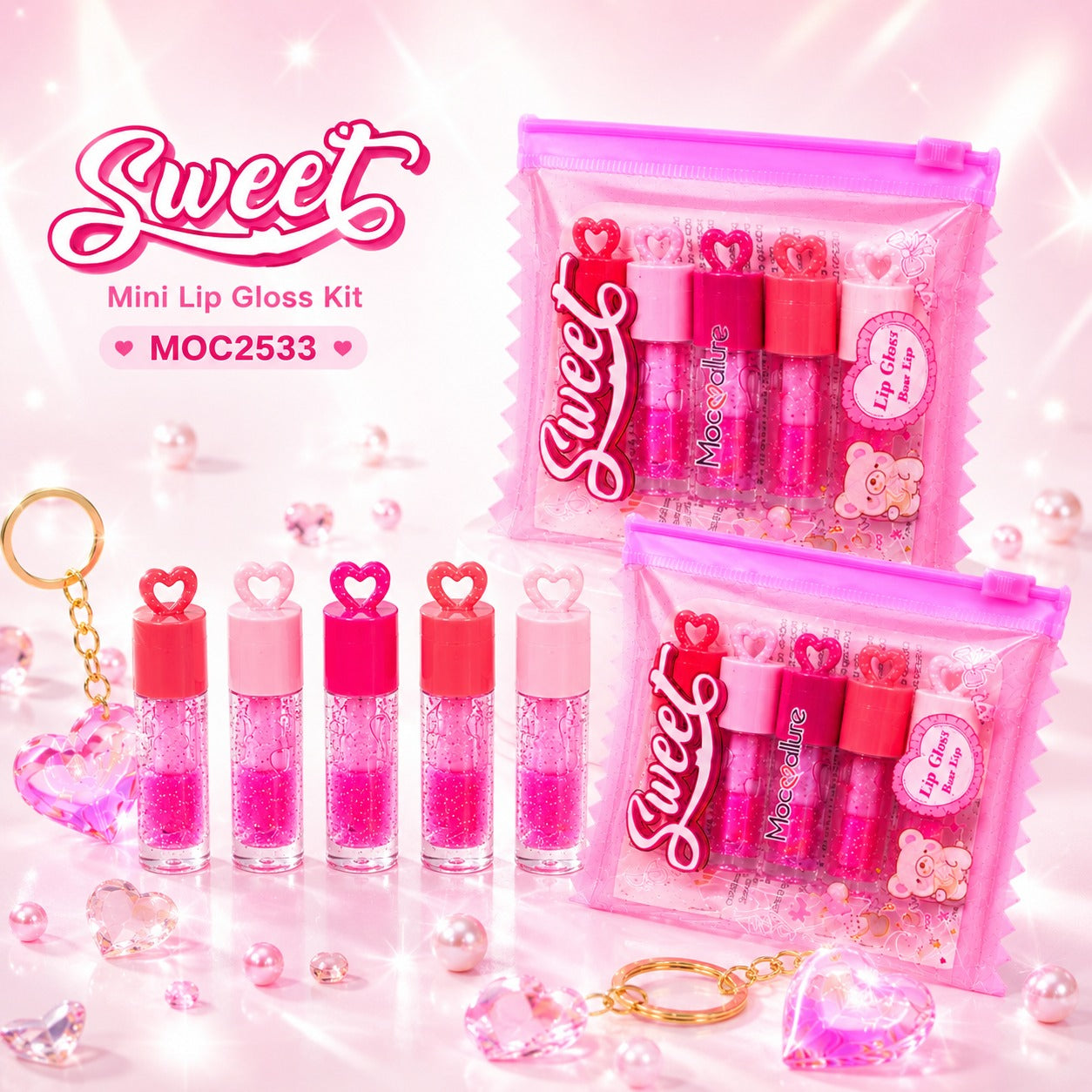 Sweet Mini Lip Gloss Kit Mocallure - Set de 5 Brillos Labiales en Bolsita con Llavero de Corazón Cristalino